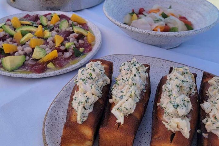 a plate of food on a picnic table