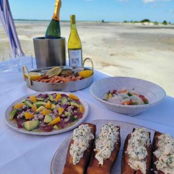 a plate of food on a picnic table