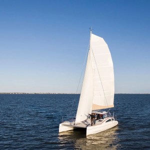 White catamaran sailing on calm blue sea under clear sky.
