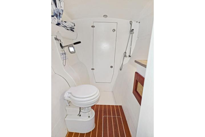 Small boat bathroom with toilet, wood floor, shower head, and door.